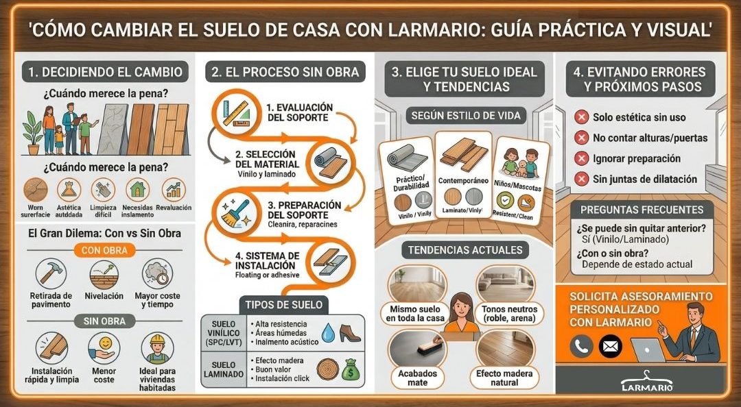 ¿Cómo cambiar el suelo de casa con Larmario? Cómo cambiar el suelo de casa guía visual con pasos sin obra tipos de suelo vinílico y laminado precios errores y tendencias