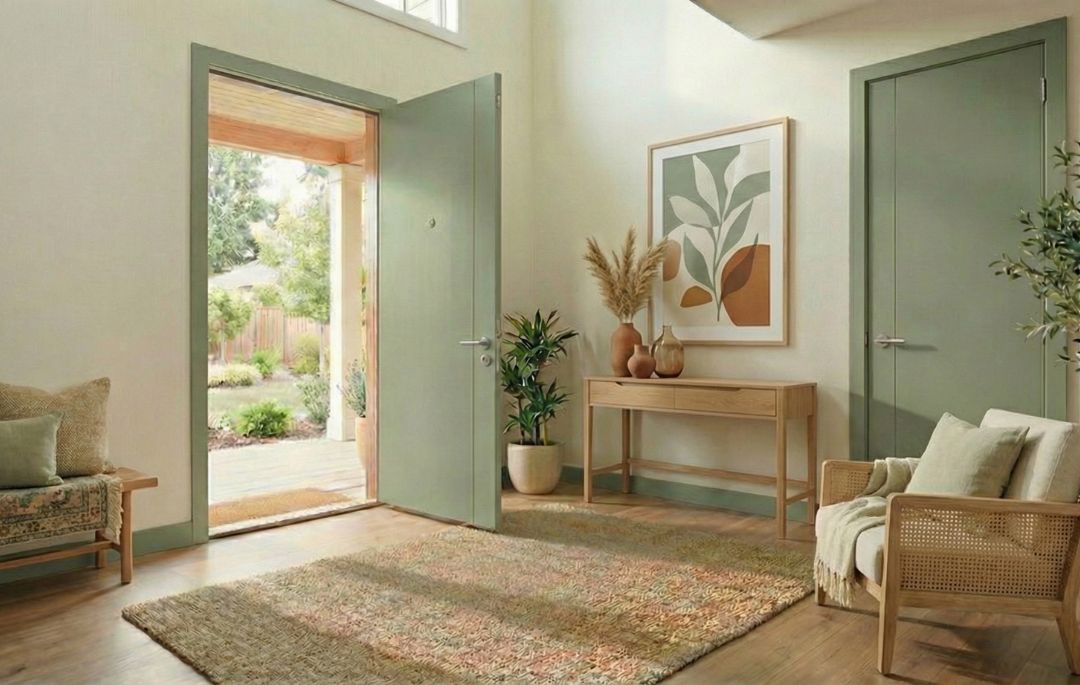 Colores de puertas de interior: ¿cómo elegir el tono ideal? Una habitación decorada y que se muestra con colores de puertas de interior verde salvia
