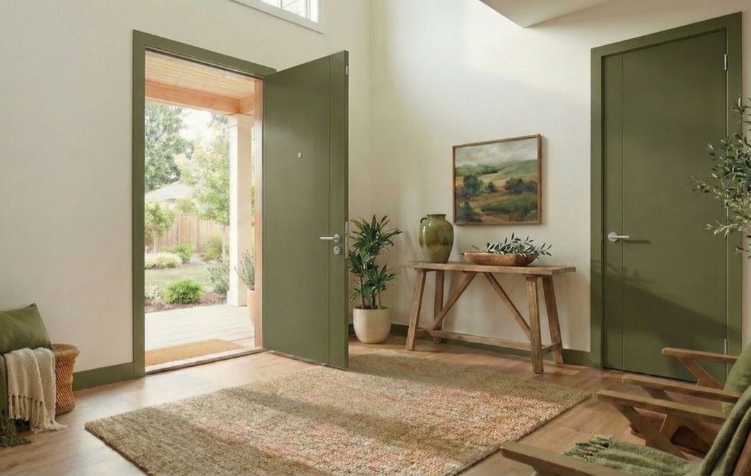 Colores de puertas de interior: ¿cómo elegir el tono ideal? Una habitación decorada y que se muestra con colores de puertas de interior verde oliva