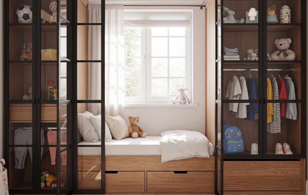 Armario a medida dormitorio pequeño integrado con cama y almacenamiento