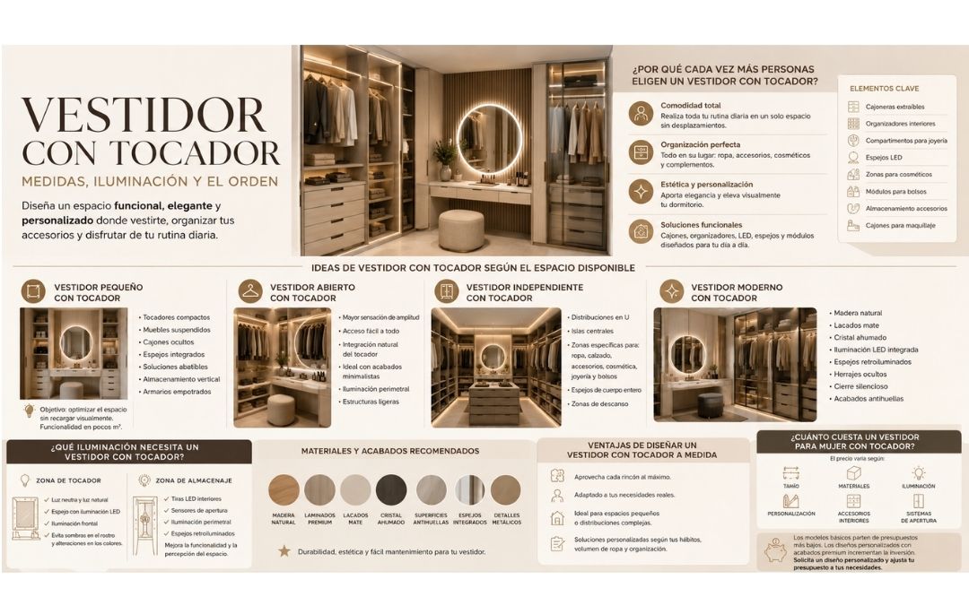 Vestidor con tocador: medidas, iluminación y el orden Infografía de vestidor con tocador con medidas, iluminación y soluciones de orden a medida