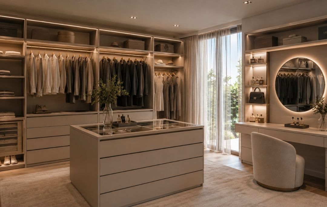 Vestidor con tocador: medidas, iluminación y el orden Vestidor con tocador e isla central diseñado a medida con iluminación LED integrada