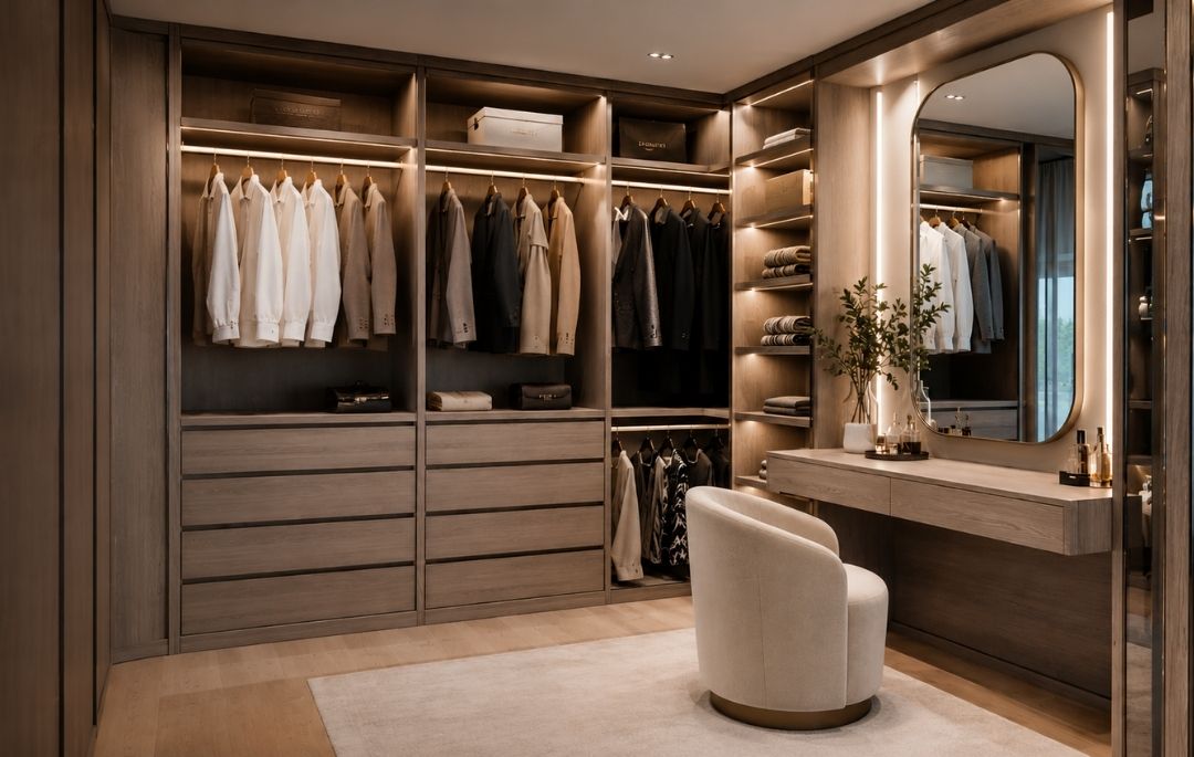 Vestidor con tocador moderno a medida con iluminación integrada y acabados en madera