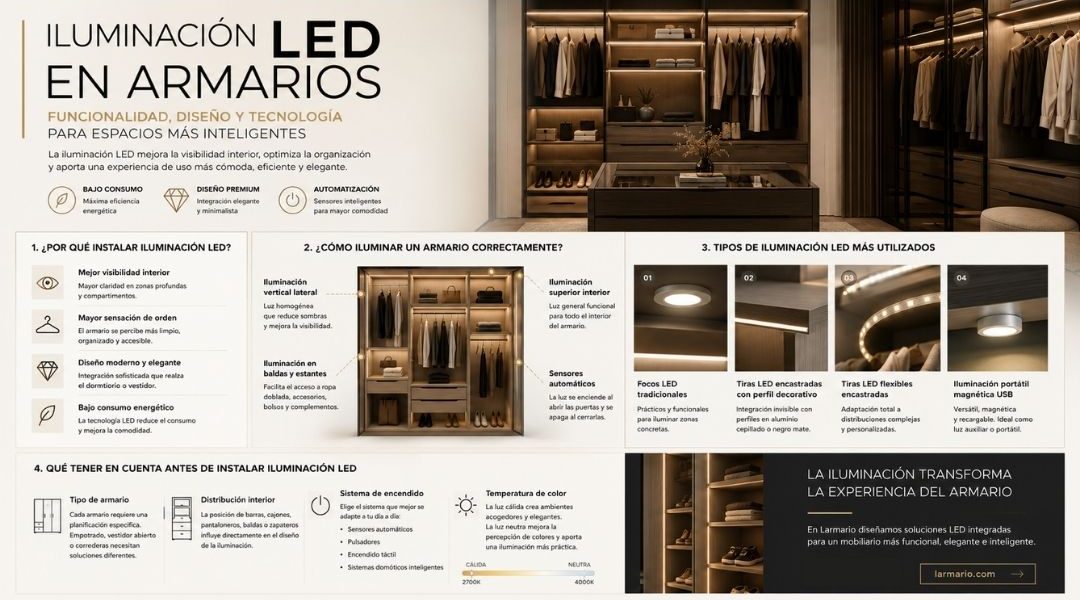 Iluminación LED en armarios: funcionalidad, y diseño infografía sobre iluminación LED en armarios con tipos de luces, ventajas y consejos de instalación