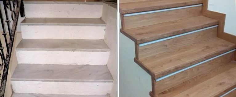 The before and after of some indoor stairs El antes y el después de unas escaleras de interior