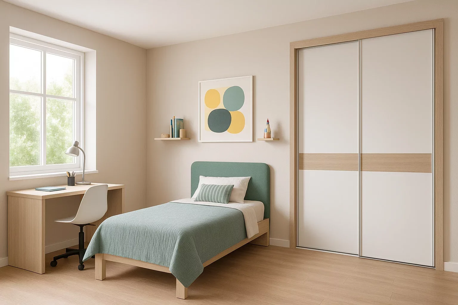 un dormitorio con escritorio