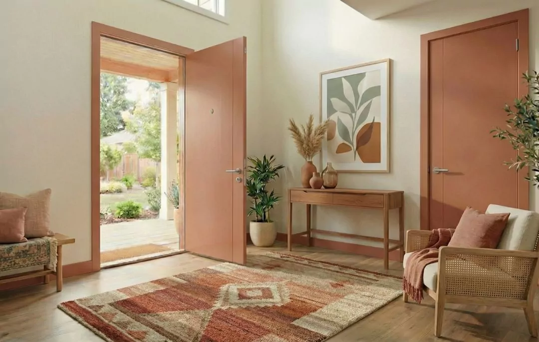 Colores de puertas de interior: ¿cómo elegir el tono ideal? Puerta de interior en terracota en una estancia de estilo mediterráneo