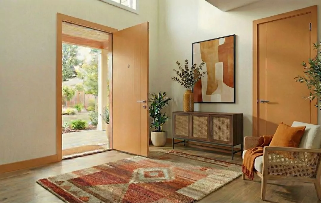 Colores de puertas de interior: ¿cómo elegir el tono ideal? Puerta de interior en tonos tierra combinada con suelo de madera