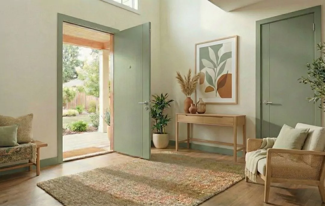 Colores de puertas de interior: ¿cómo elegir el tono ideal? Puerta de interior en verde salvia en un dormitorio de tonos claros
