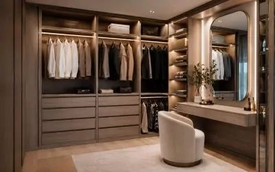 Larmario: 25 años siendo fabricante e instaladores de armarios, vestidores, puertas, suelos y muebles auxiliares Vestidor con tocador moderno a medida con iluminación integrada y acabados en madera