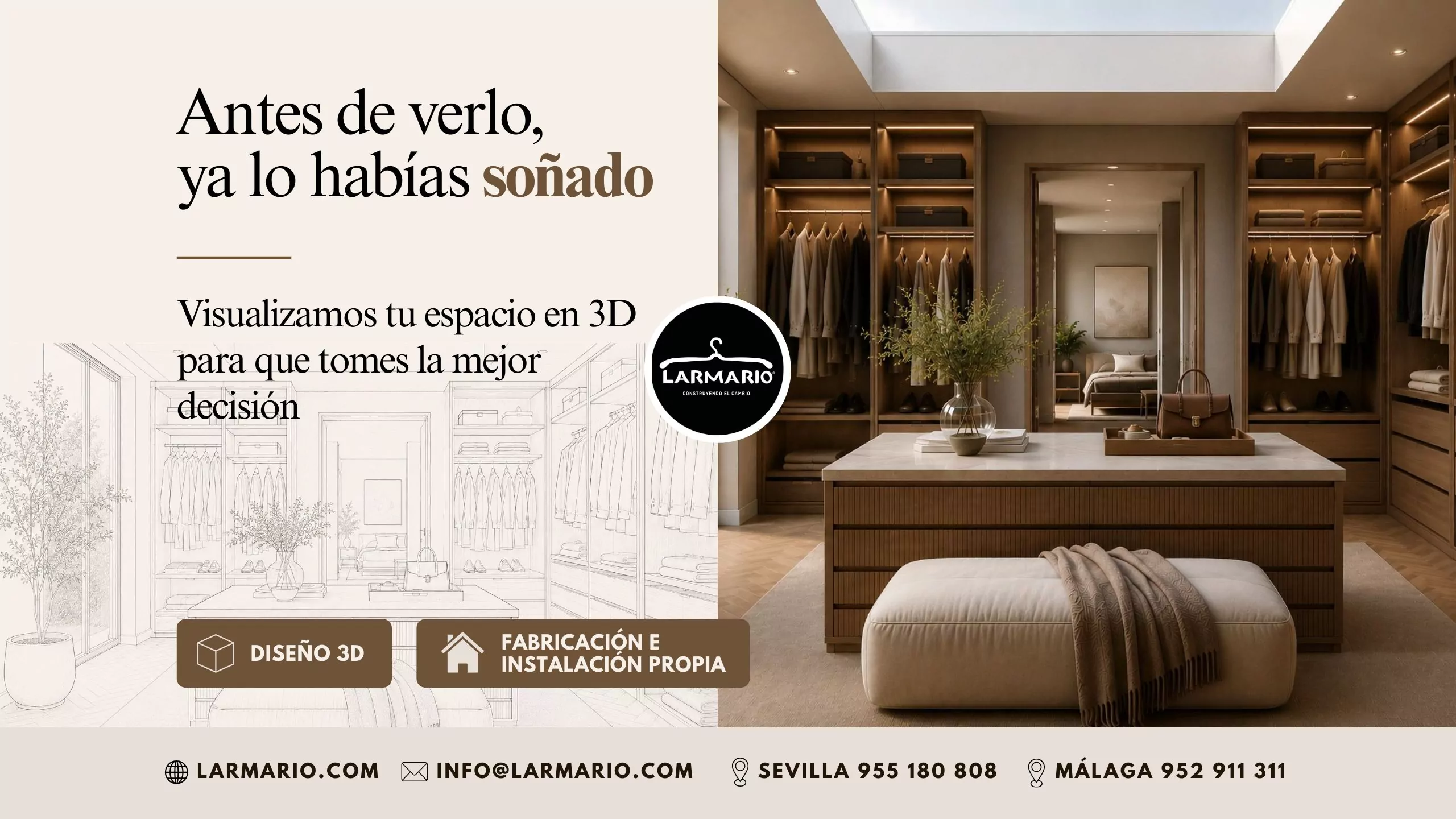 Vestidor a medida diseñado en 3D por Larmario con fabricación e instalación propia para visualizar el proyecto antes de su ejecución