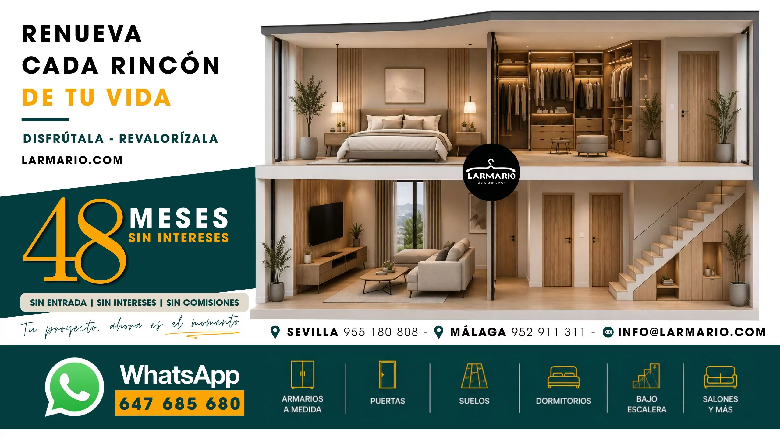 Promoción de Larmario con financiación de hasta 48 meses sin intereses para armarios a medida, puertas, suelos, dormitorios, muebles bajo escalera y salones. Campaña "Renueva cada rincón de tu vida".