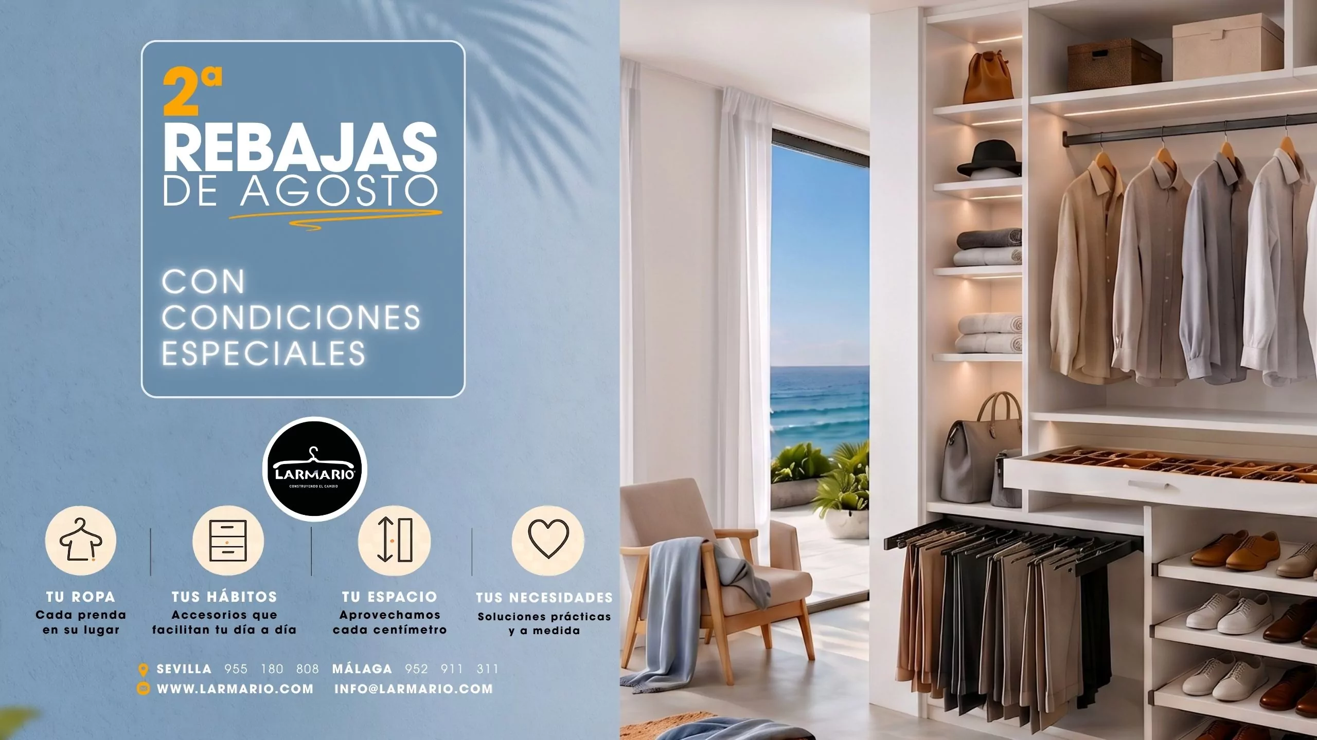 Armario a medida con vestidor personalizado de Larmario durante las segundas rebajas de agosto con condiciones especiales y financiación hasta 48 meses sin intereses.